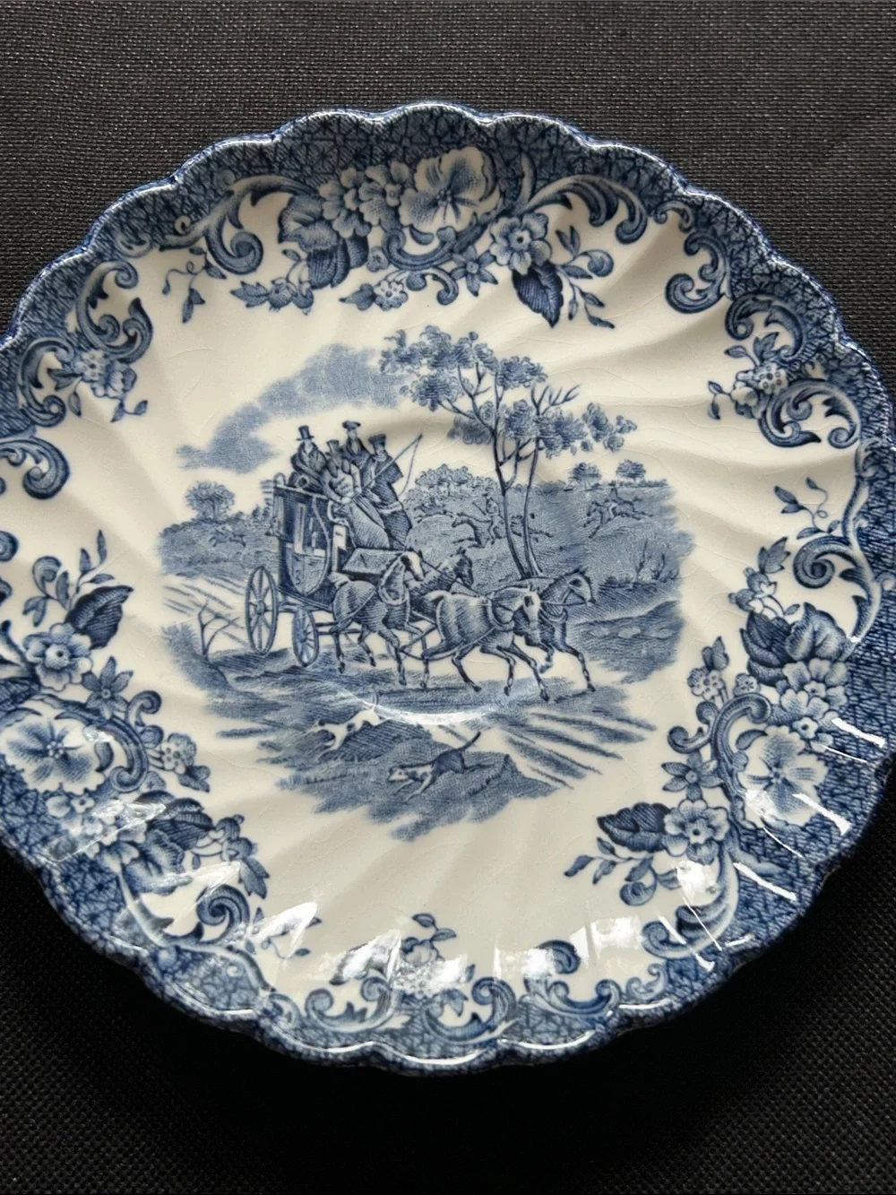 Vintage Blue and White Transferware Dinner Plate with Carriage Motif